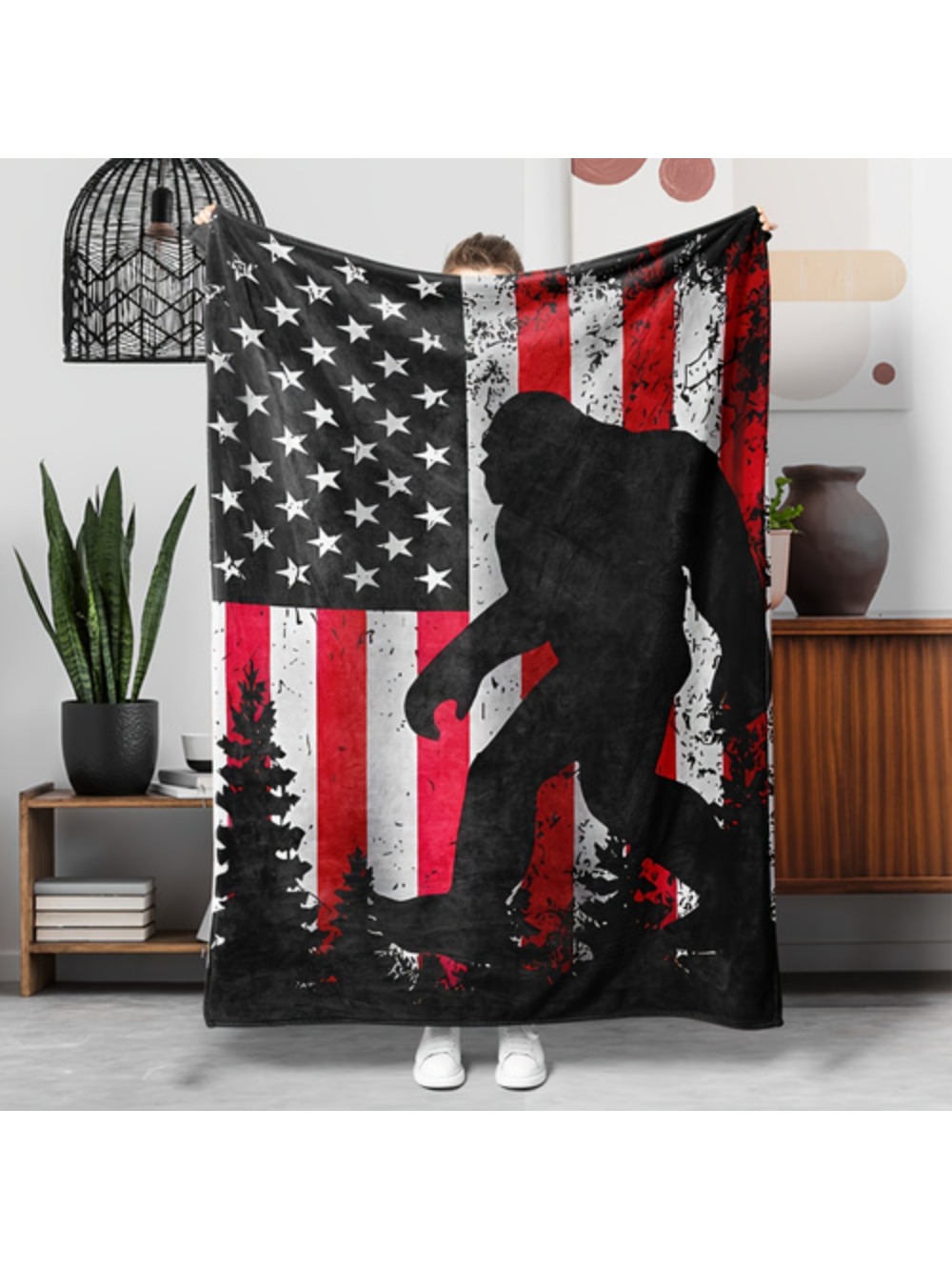 Big Soft Patriotic Blanket Throw Geometric Patriotic Blanket Soft And Warm Sofa Throw With Bigfoot Design Machine Washable Anti Tear And Seasonal For All